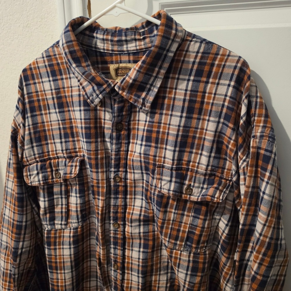 The Foundry Supply Co Mens 4XL Plaid Flannel Shirt Orange Navy Blue Cotton L/S